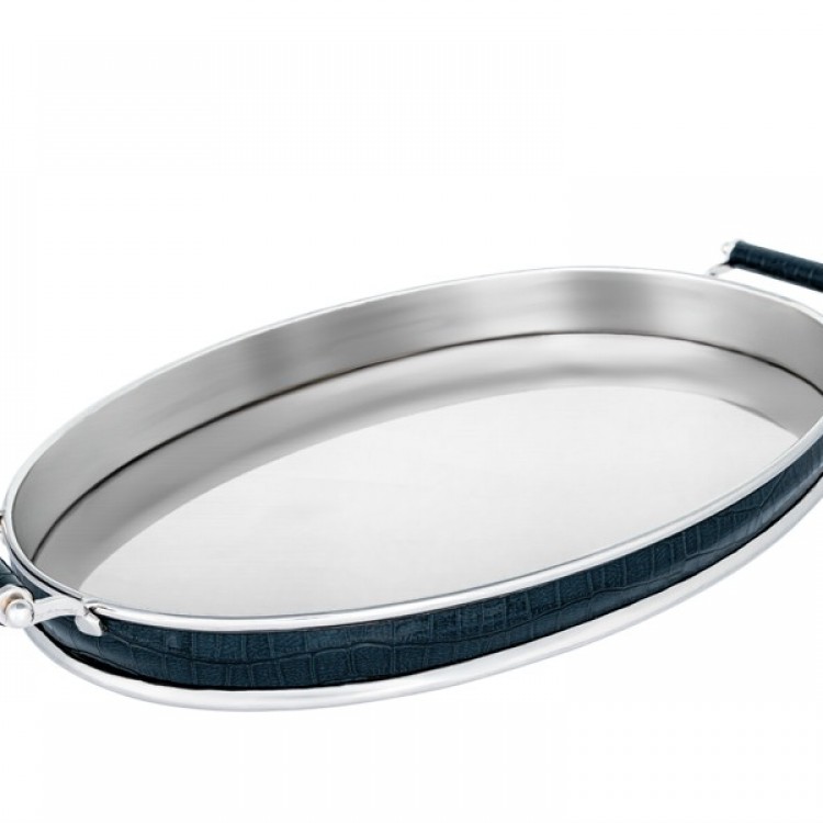 BLUE CROCO LEATHER OVAL TRAY 51X30X6 CM