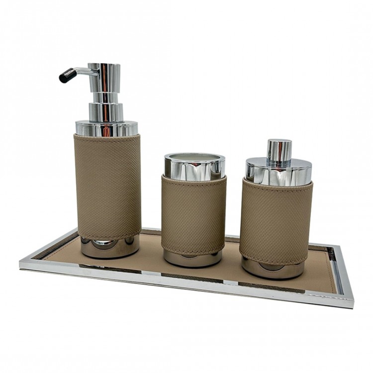 TEZGAH ÜSTÜ DİAMANTE TAUPE RENK DERİ KAPLI  SIVI SABUNLUK 6Çapx20h PARLAK KROM