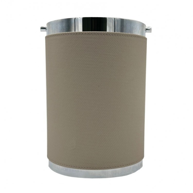 TAUPE RENK DERİ KAPLI PARLAK KROM  DÖNER KAPAKLI ÇÖP KOVASI Çap 17.5 x 25h cm