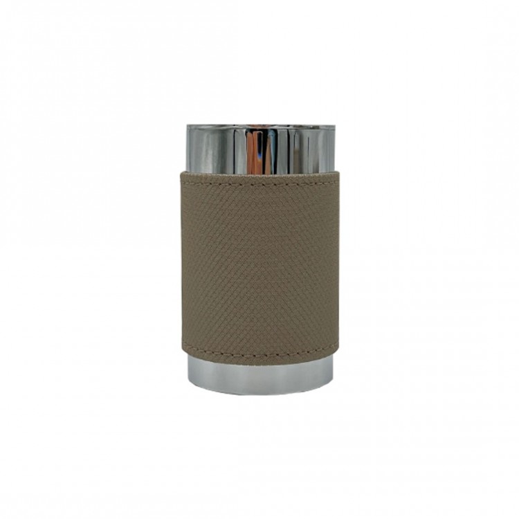 TEZGAH ÜSTÜ DIAMANTE TAUPE RENK DERİ KAPLI YUVARLAK  DİŞ FIRÇALIK R:6 H:11 cm PARLAK KROM