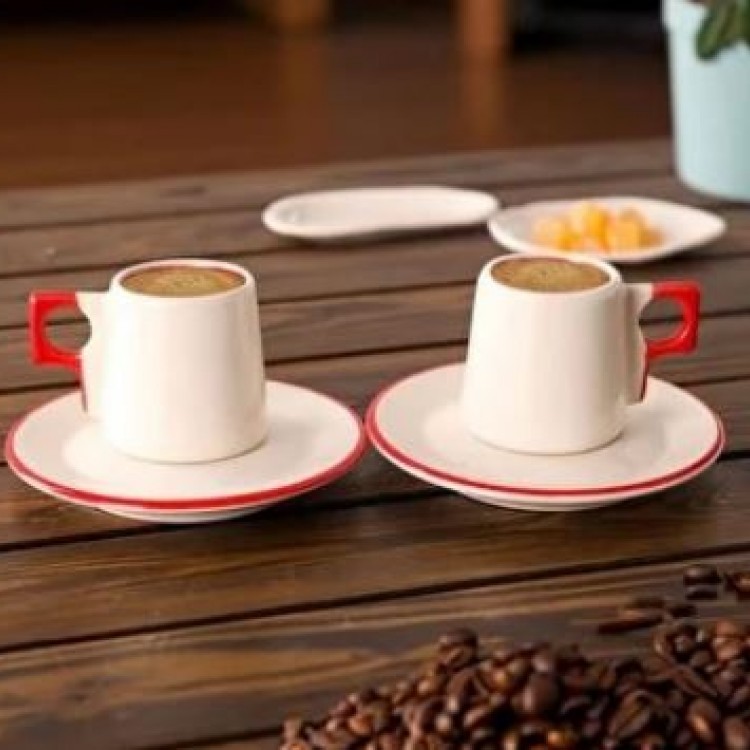 6 KİŞİLİK KIRMIZI ÇİZGİ TASARIMLI TÜRK KAHVESİ SETİ
