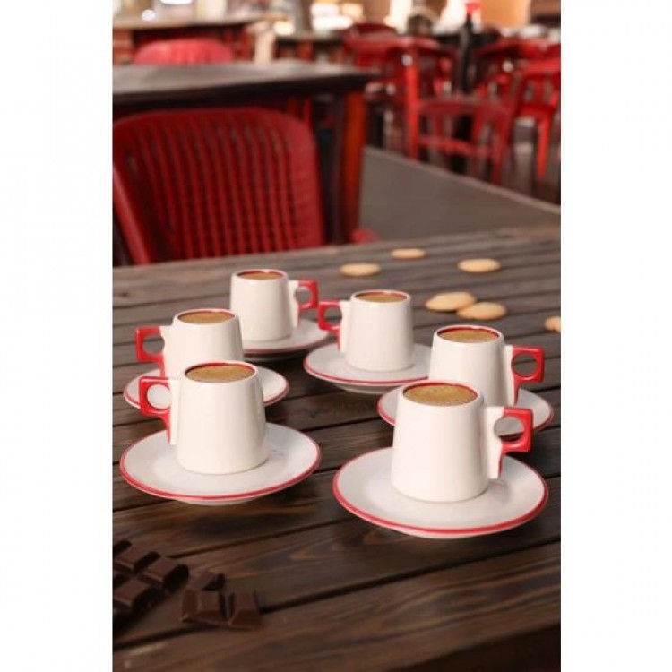 6 KİŞİLİK KIRMIZI ÇİZGİ TASARIMLI TÜRK KAHVESİ SETİ