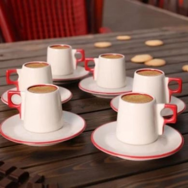 6 KİŞİLİK KIRMIZI ÇİZGİ TASARIMLI TÜRK KAHVESİ SETİ