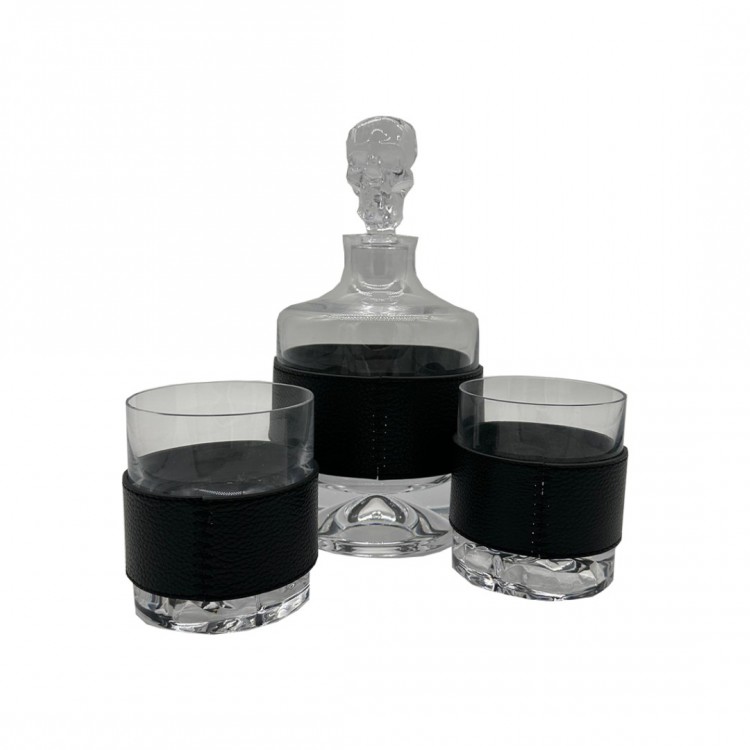 KURU KAFA DETAYLI VİSKİ SETİ SİLİNDİR KARAF GERÇEK SİYAH DERİ