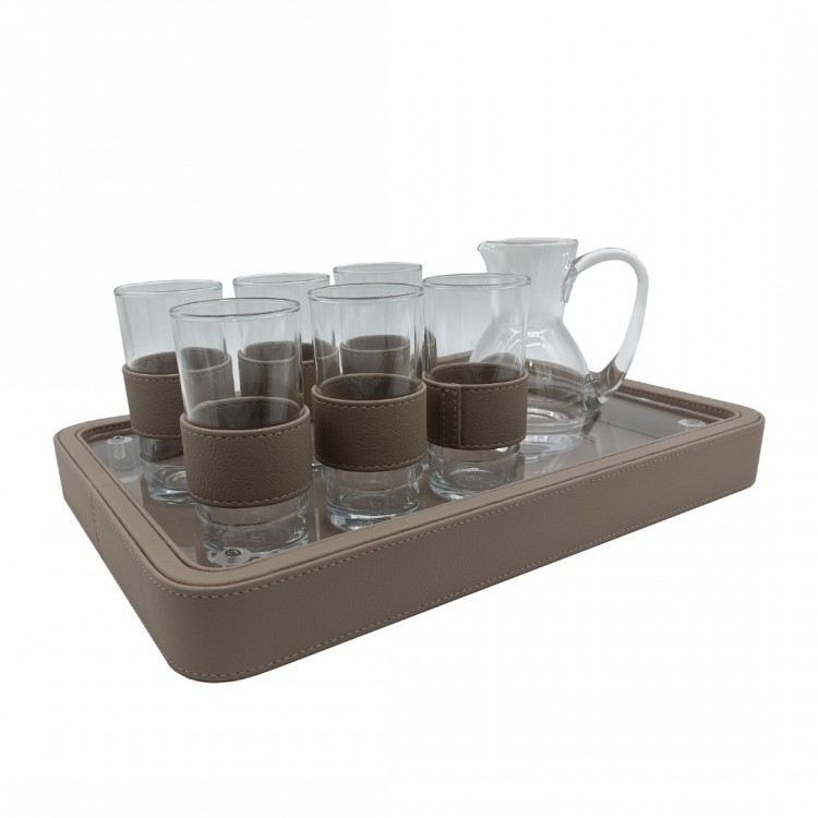 RAKI SETİ TAUPE DERİ TEPSİLİ