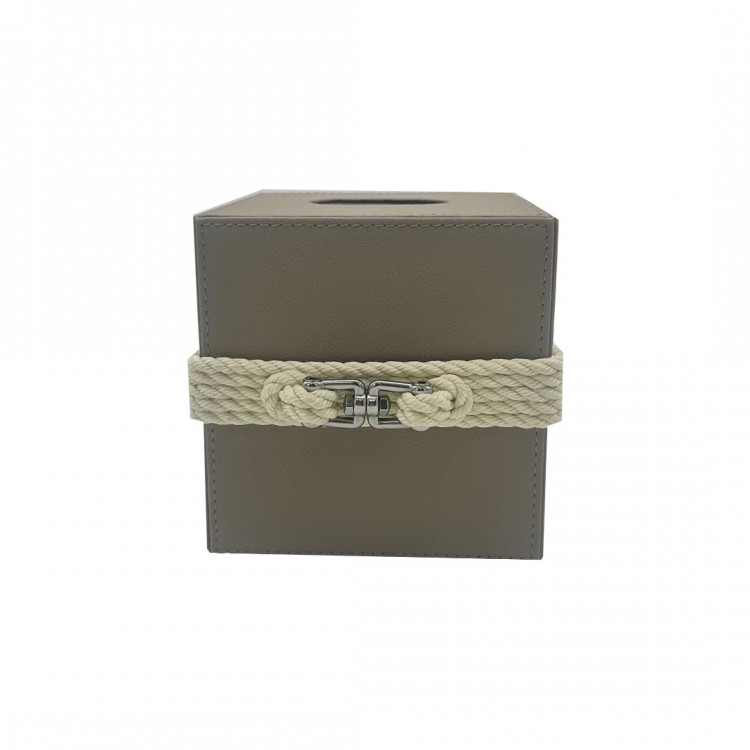 BEJ HALAT DETAYLI DERİ KÜP TAUPE MENDİL SELPAK KUTUSU 15x15x15cm