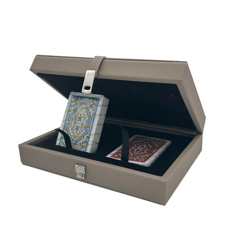 DERİ KUTULU OYUN KARTI SETİ TAUPE RENK