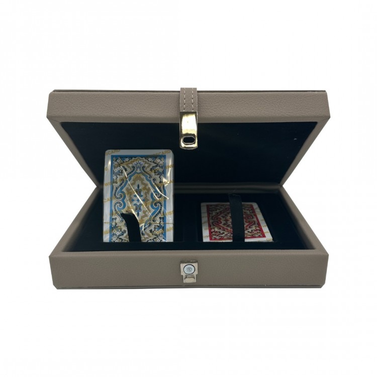 DERİ KUTULU OYUN KARTI SETİ TAUPE RENK