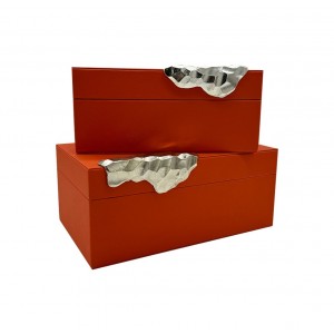 İKİLİ METAL AKSESUARLI TURUNCU DERİ  DEKORATİF KUTU