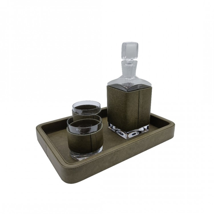 YEŞİL HAKİKİ DERİ TEPSİLİ VİSKİ SETİ