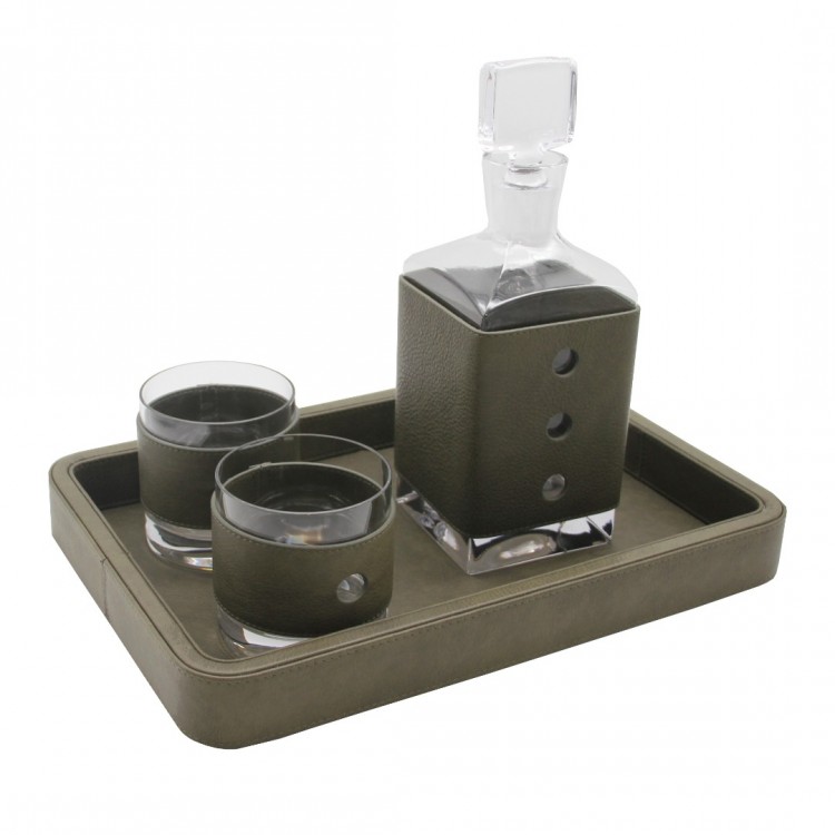 YEŞİL HAKİKİ DERİ TEPSİLİ VİSKİ SETİ