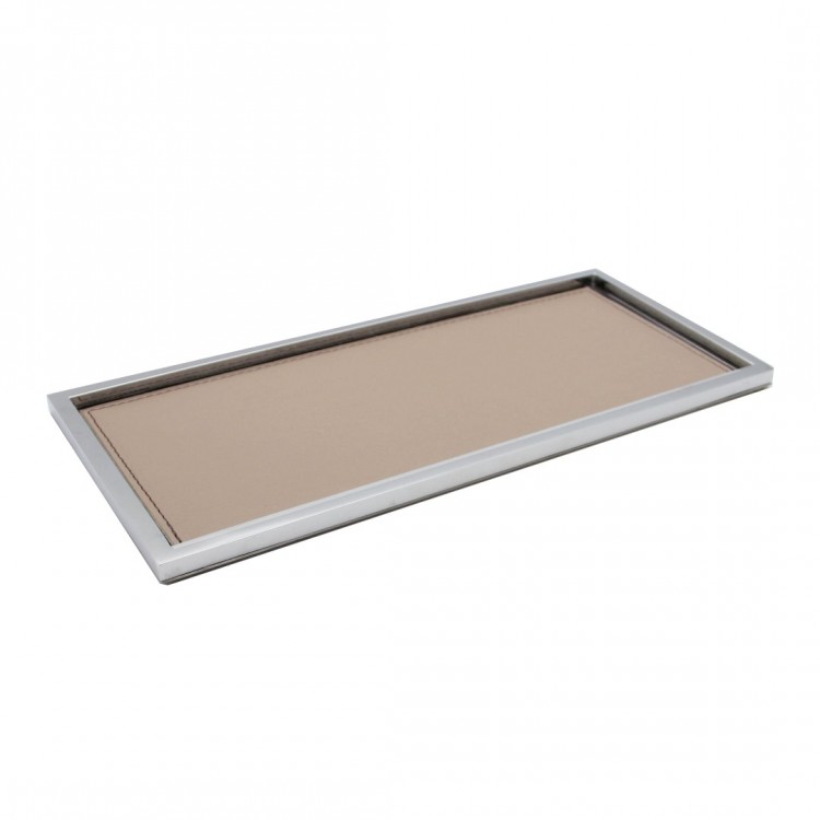 TAUPE DERİLİ TEZGAH ÜSTÜ PARLAK KROM DİKDÖRTGEN  TEPSİ 30X13X1 cm