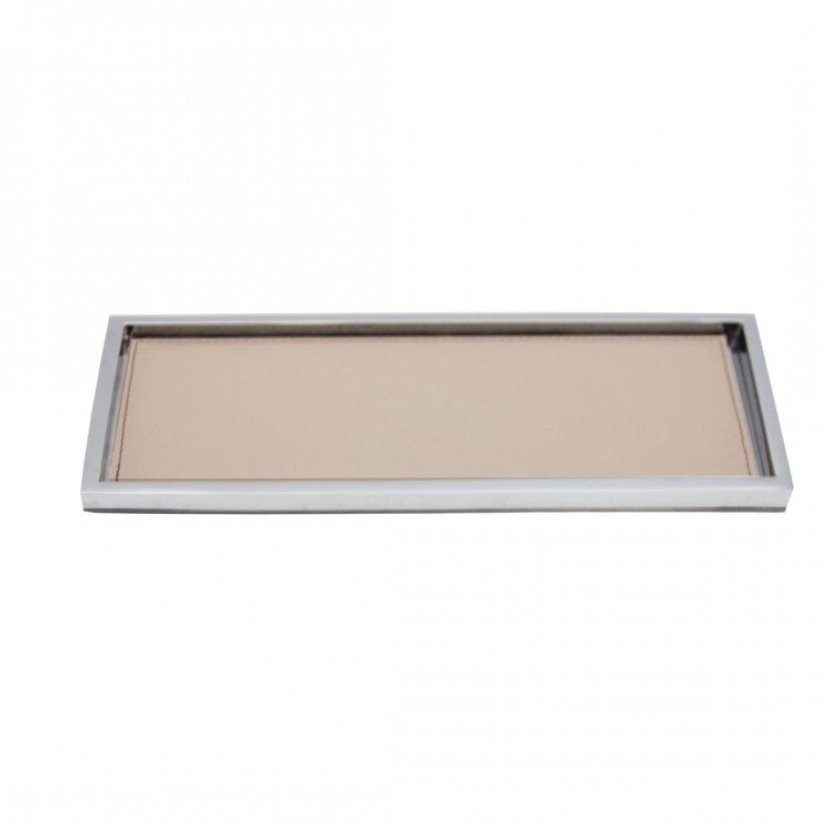 TAUPE DERİLİ TEZGAH ÜSTÜ PARLAK KROM DİKDÖRTGEN  TEPSİ 30X13X1 cm