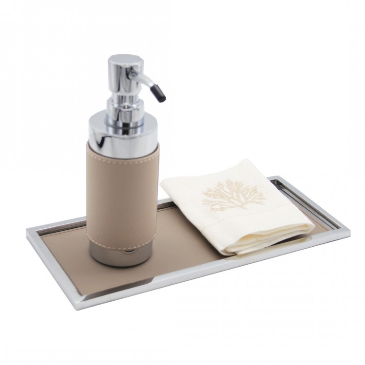 TAUPE DERİLİ TEZGAH ÜSTÜ PARLAK KROM DİKDÖRTGEN  TEPSİ 30X13X1 cm