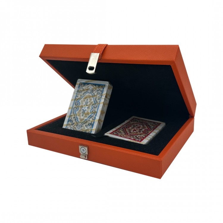 DERİ KUTULU OYUN KARTI SETİ TURUNCU