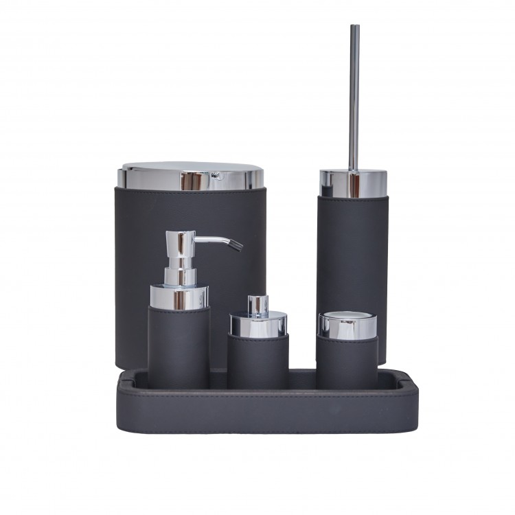 SİYAH RENK DERİ KAPLI PARLAK KROM DÖNER KAPAKLI ÇÖP KOVASI Çap 17.5 x 25h cm