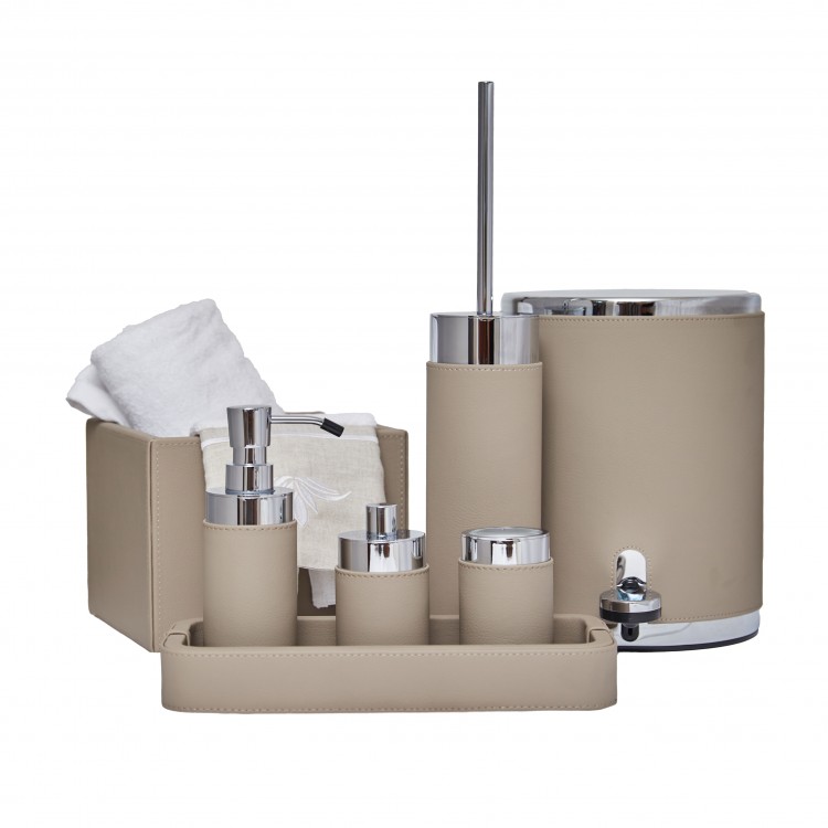 TAUPE RENK DERİ KAPLI PARLAK KROM  TUVALET FIRÇASI