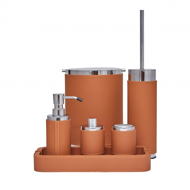 TERRACOTTA RENK DERİ KAPLI PARLAK KROM  DÖNER KAPAKLI ÇÖP KOVASI Çap 17.5 x 25h cm