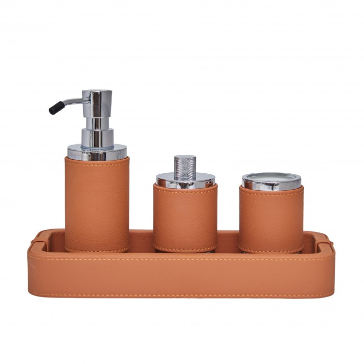 TERRACOTTA RENK DERİ KAPLI PARLAK KROM SIVI SABUNLUK PARLAK KROM