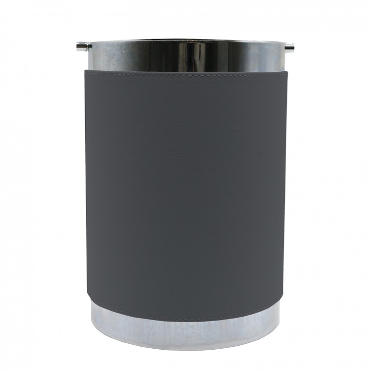 SİYAH RENK DERİ KAPLI PARLAK KROM DÖNER KAPAKLI ÇÖP KOVASI Çap 17.5 x 25h cm