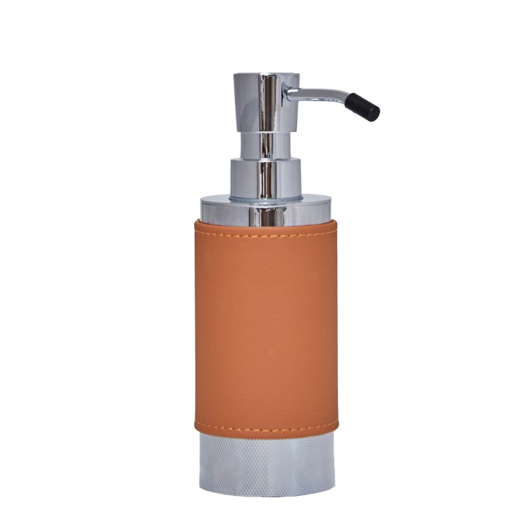 TERRACOTTA RENK DERİ KAPLI PARLAK KROM SIVI SABUNLUK PARLAK KROM