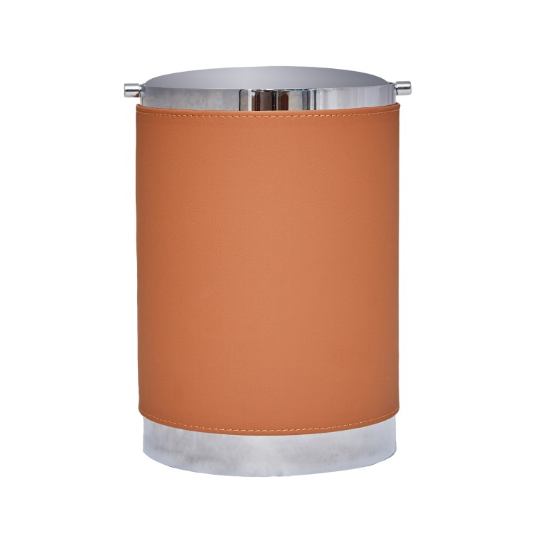 TERRACOTTA RENK DERİ KAPLI PARLAK KROM  DÖNER KAPAKLI ÇÖP KOVASI Çap 17.5 x 25h cm