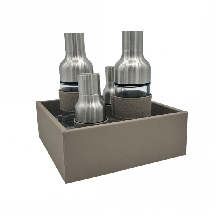 DERİ TAUPE YAĞ,SİRKE,TUZ VE BİBERLİK SETİ 20x20x20h cm