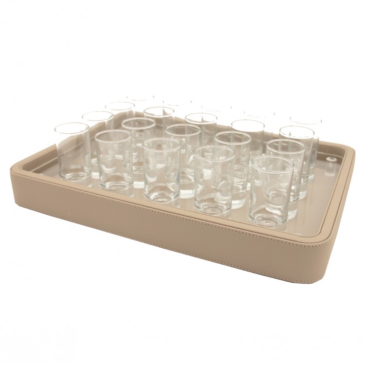 20'li SHOT SETİ TAUPE DERİ TEPSİLİ